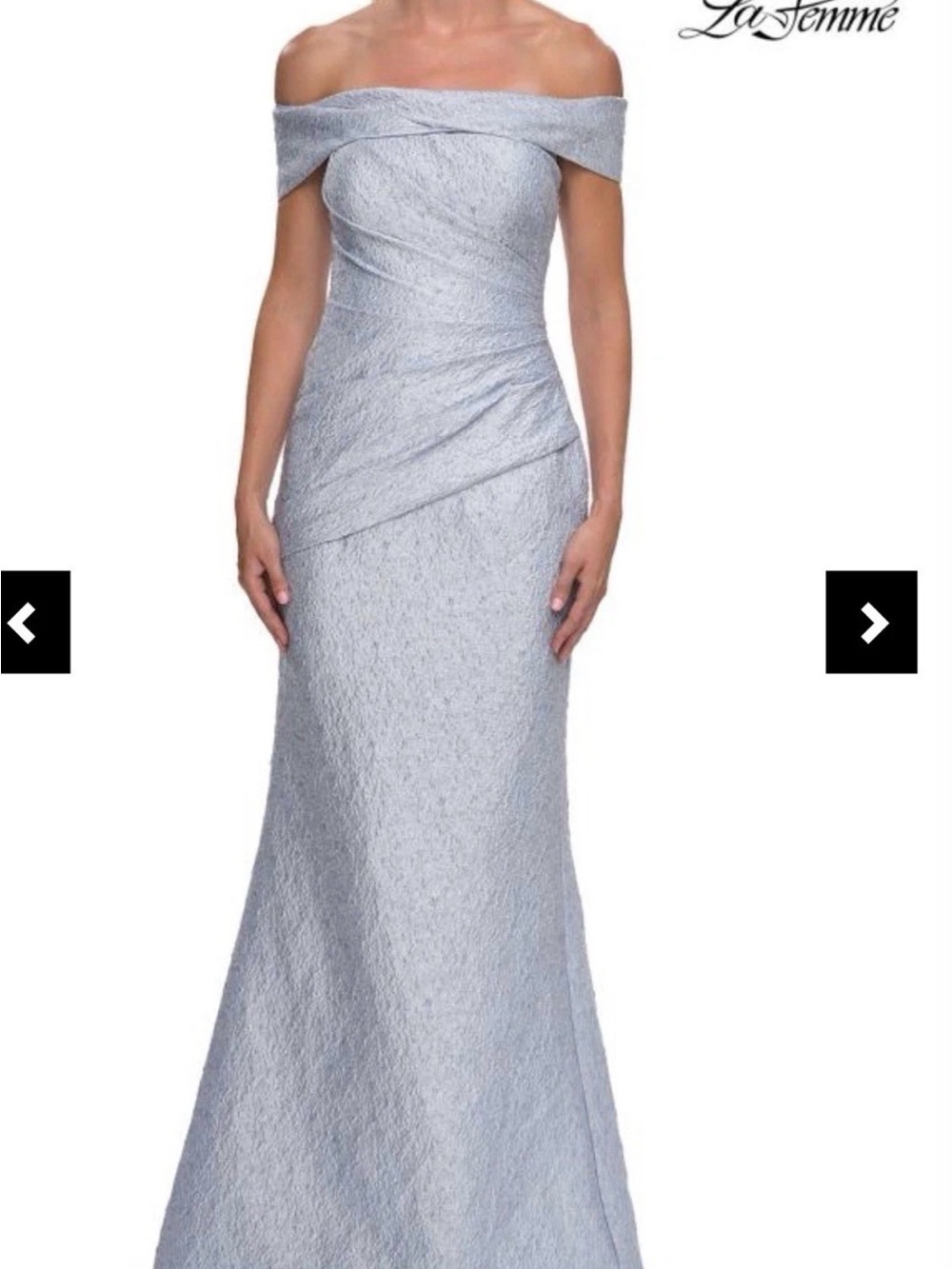 La Femme Off-Shoulder Pale Blue Textured Evening Gown